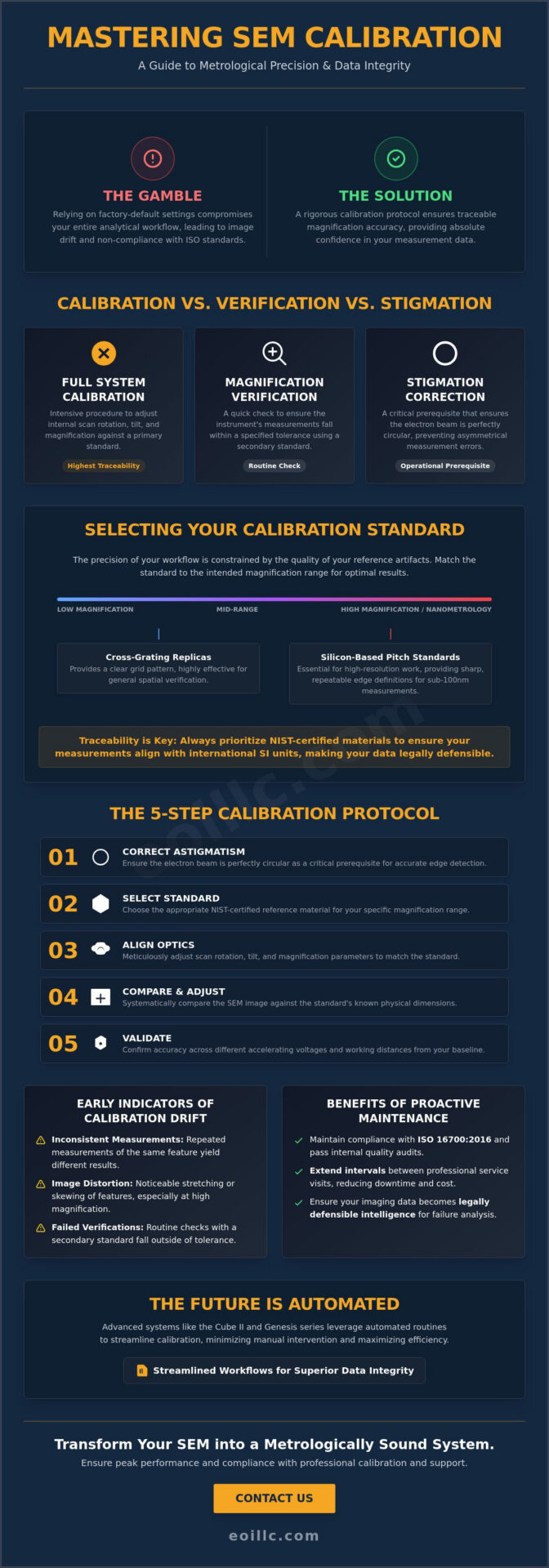 SEM calibration infographic steps and standards